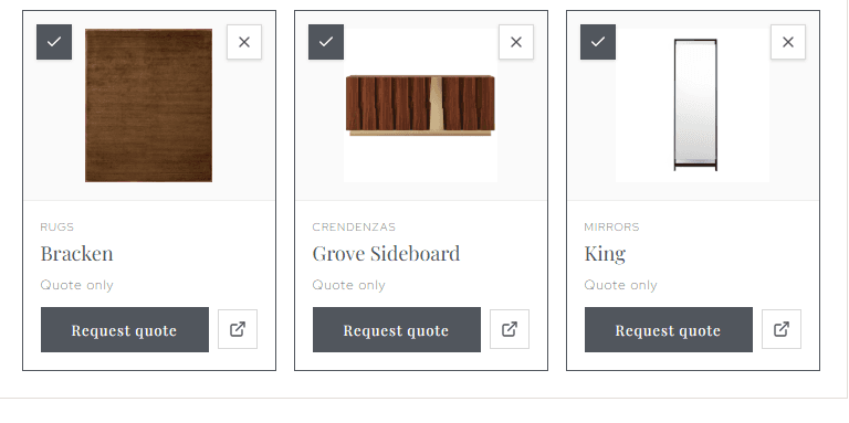 Retail Partner catalog cards returned with the concept: Bracken rug, Grove Sideboard and King mirror, each marked quote only