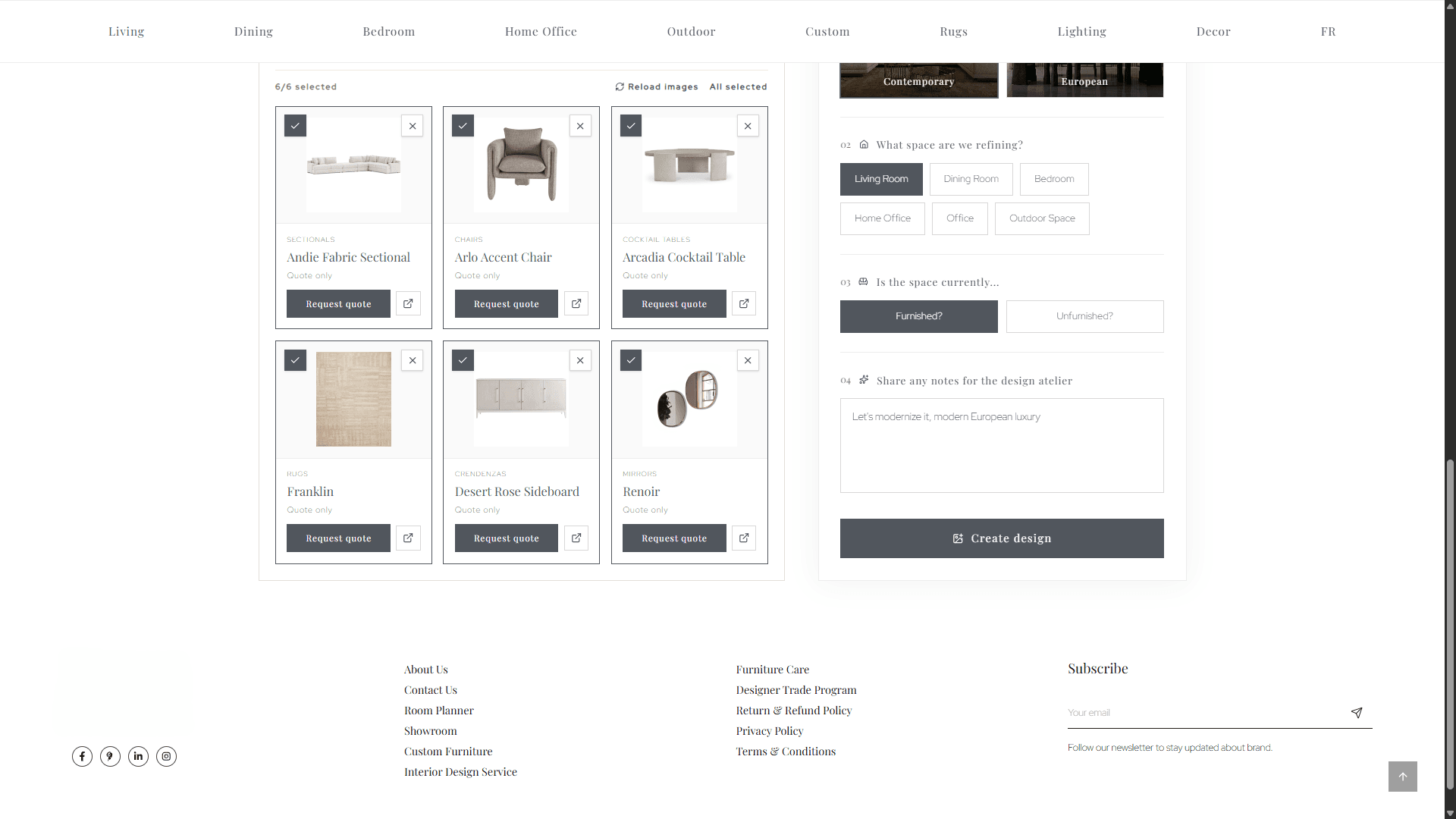 Selected catalog pieces resolved from a generated design on Retail Partner’s website