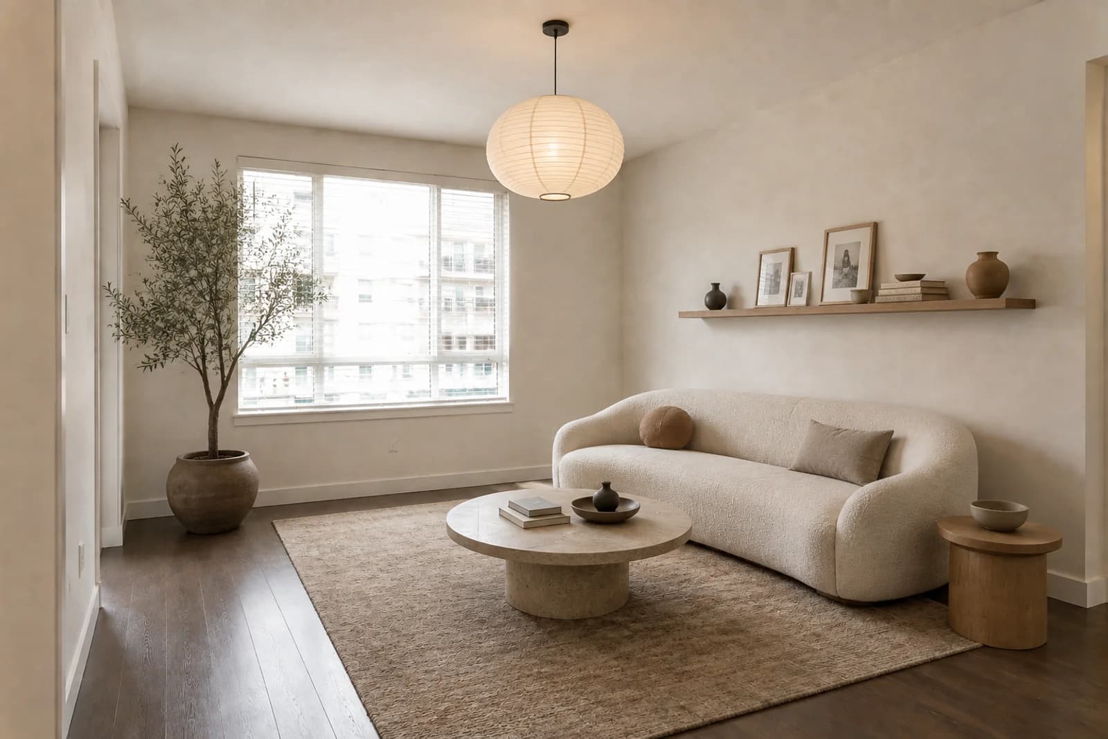The same living room updated for 2026 with warm white walls, a curved boucle sofa, a travertine table, wood, books and personal objects