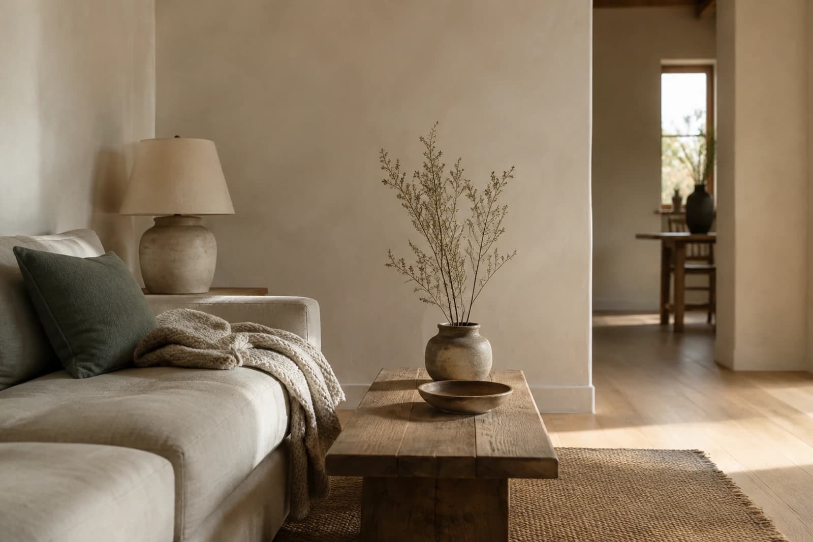 A warm minimalist room with limewash walls, an oak bench, a linen sofa and one ceramic lamp