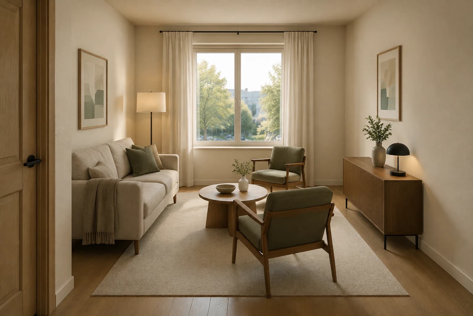 A photorealistic render of the living room from that floor plan, furnished and lit