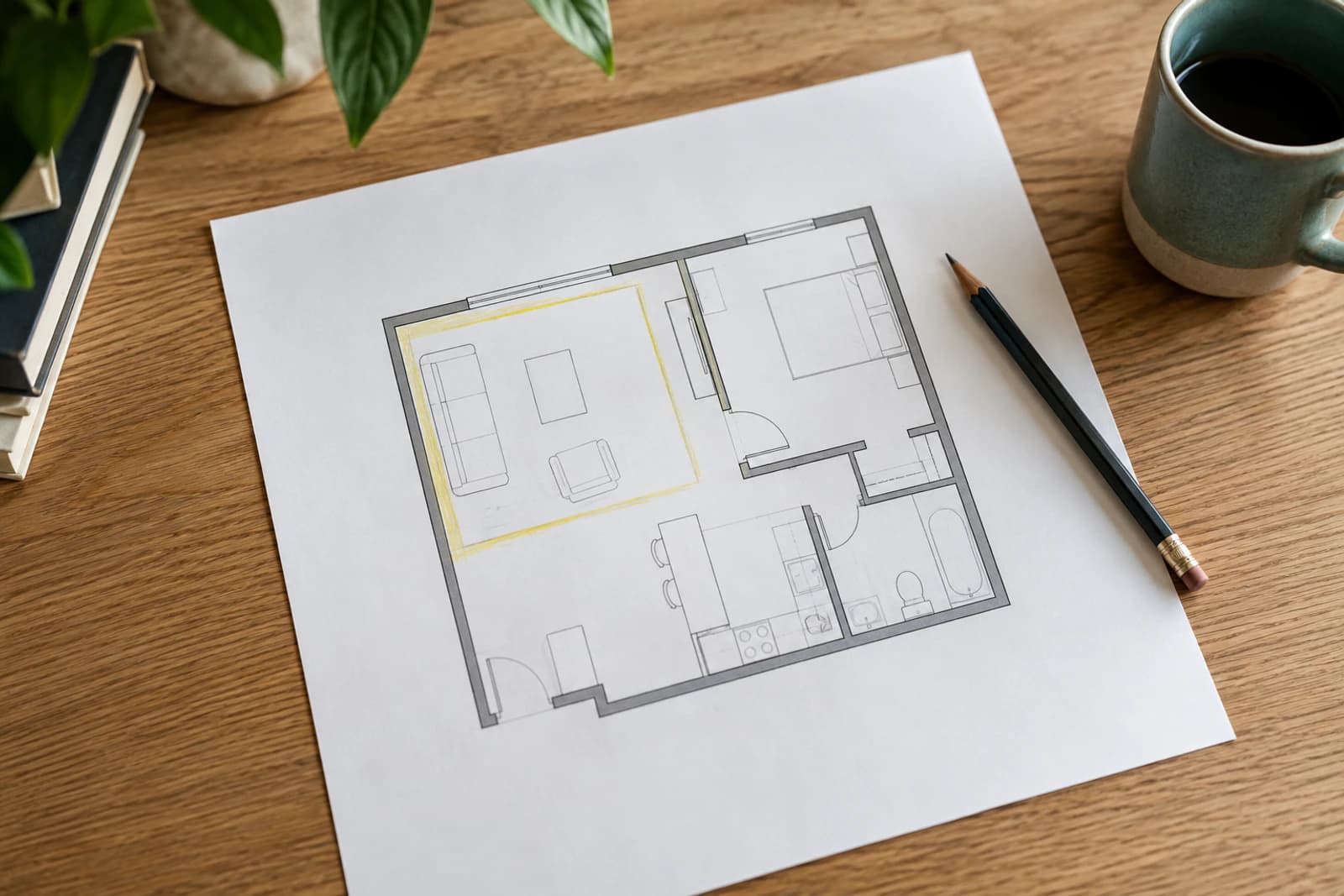 A hand-drawn floor plan of an apartment with the living room highlighted