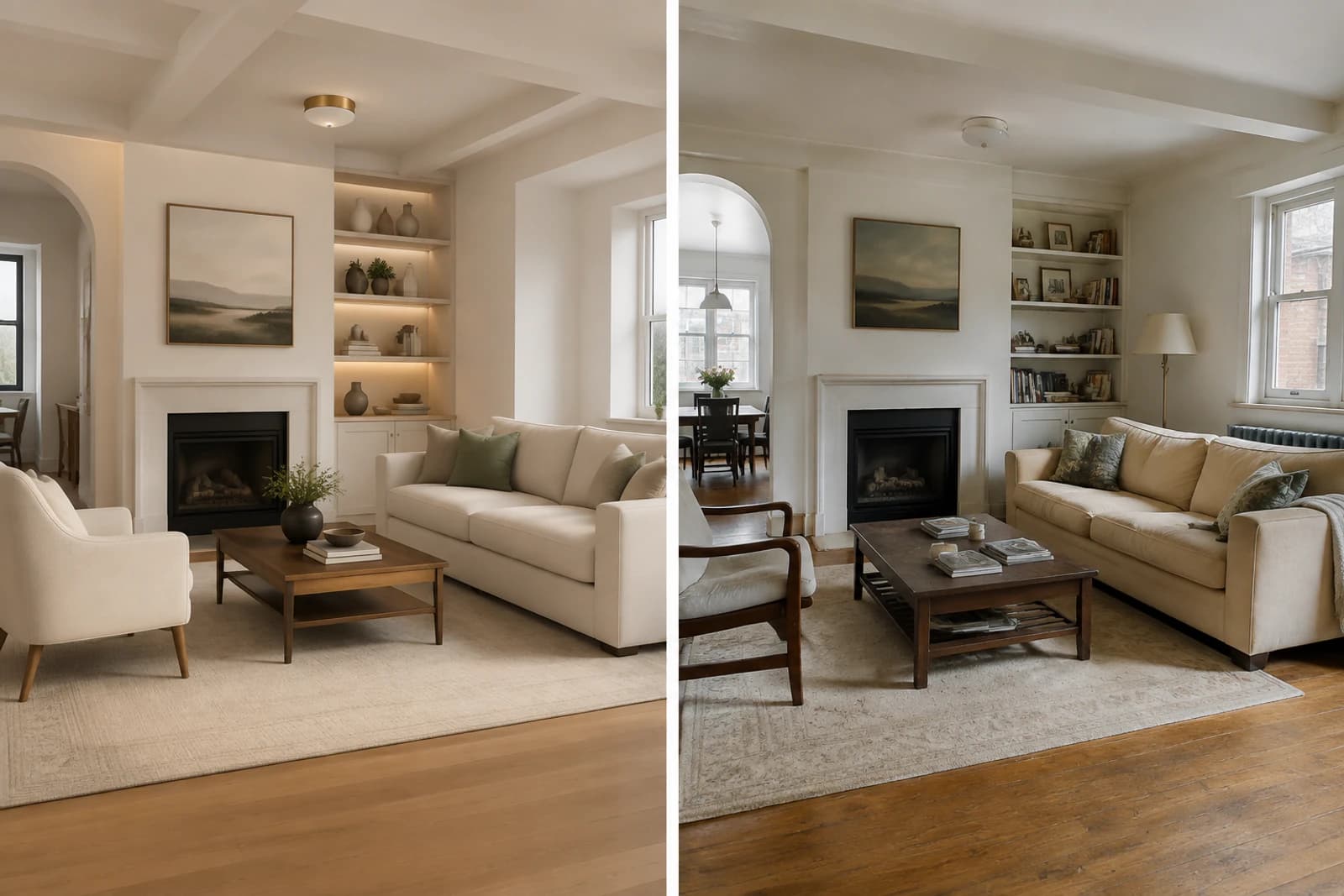The same room rendered by a template-based tool as a generic showroom and by a photo-based tool that keeps the real room
