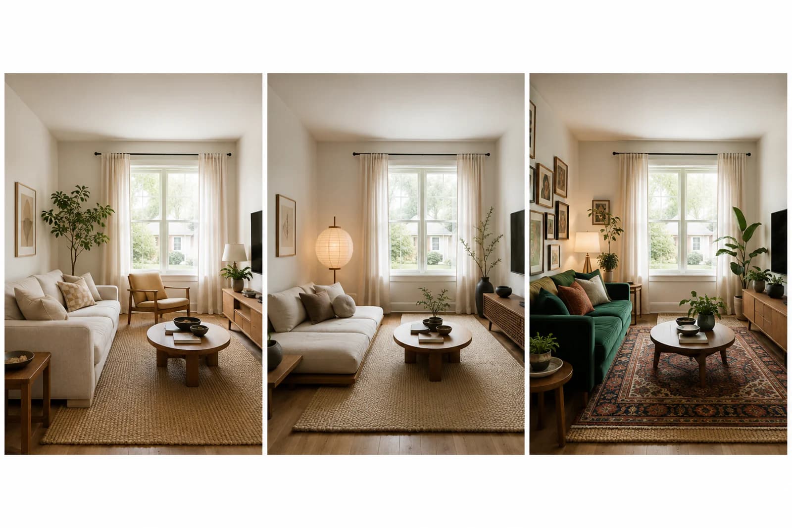 Three variations of the same room generated in a row: warm minimal, Japandi and a more colorful eclectic direction