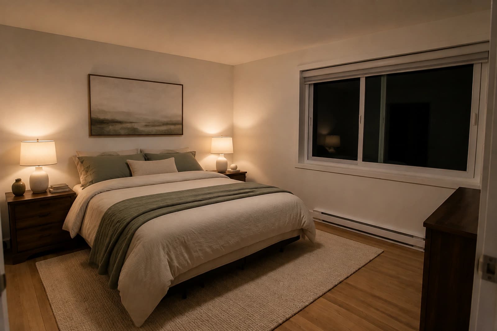 The same bedroom with layered bedding, two warm bedside lamps, cleared nightstands, a wool rug and one artwork