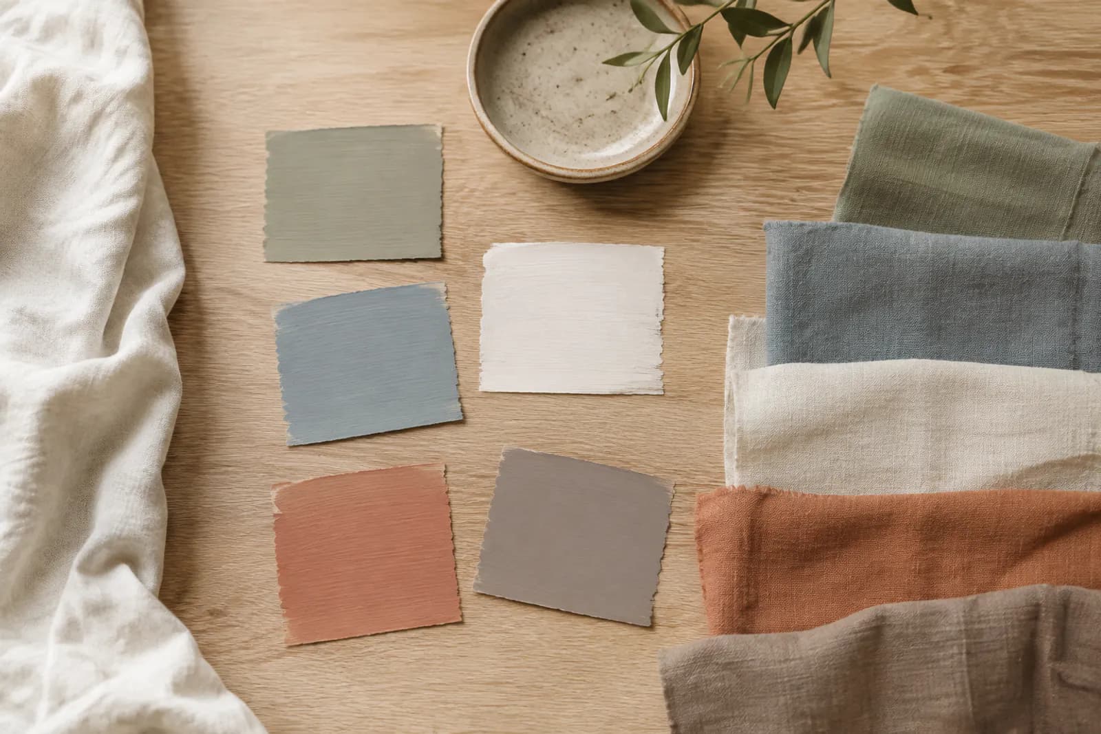 Bedroom color palette swatches: soft green, muted blue, warm white, clay, taupe and gentle earth tones with linen fabric samples