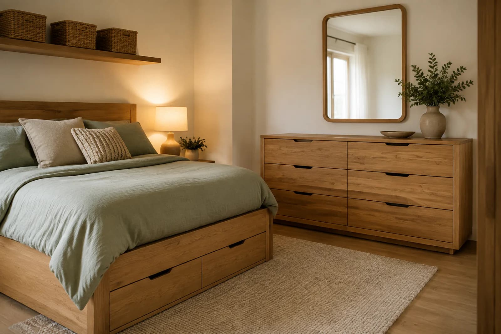 A bedroom where storage is built into the design: a bed with drawers underneath, a low dresser and woven baskets on a shelf