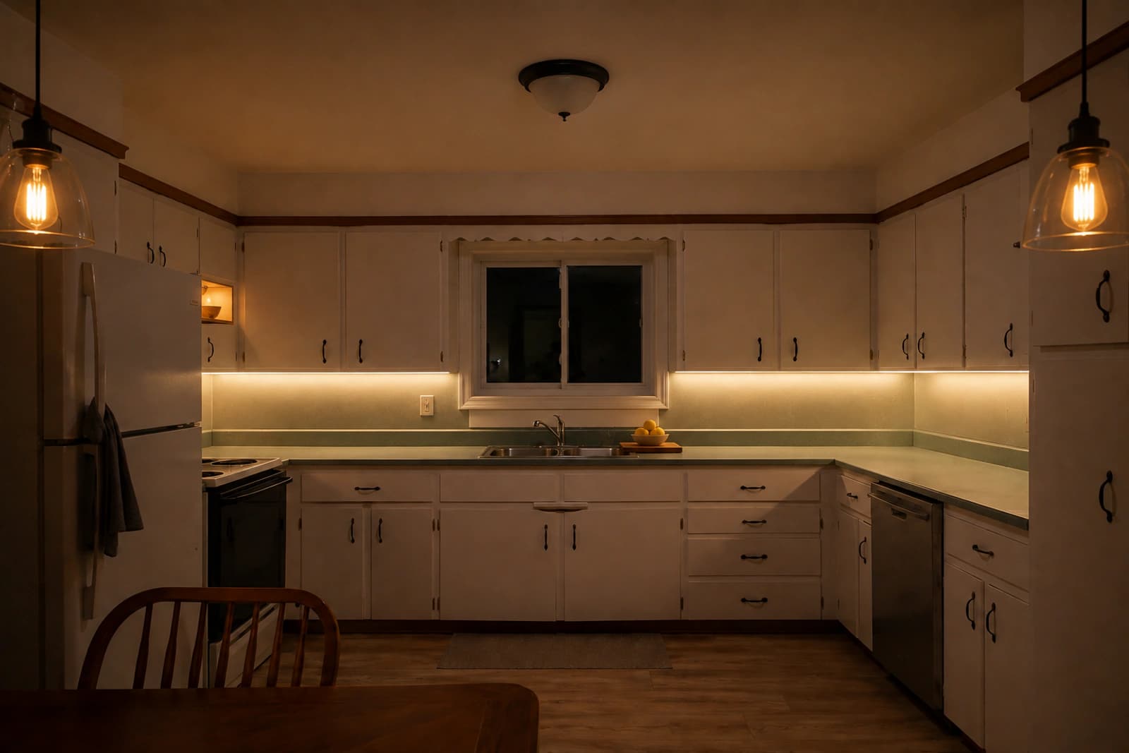 The same kitchen with under-cabinet lighting, pendants over the counter and a small accent light on the open shelf