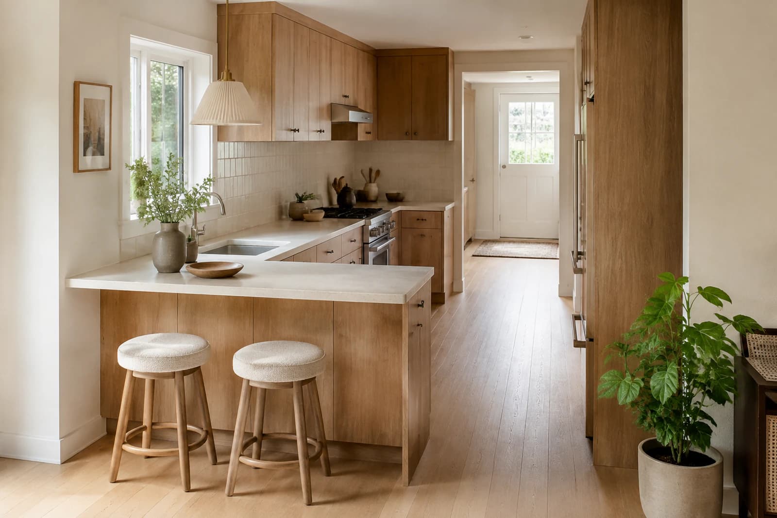 A compact kitchen using a peninsula counter instead of an island, keeping the walkway clear