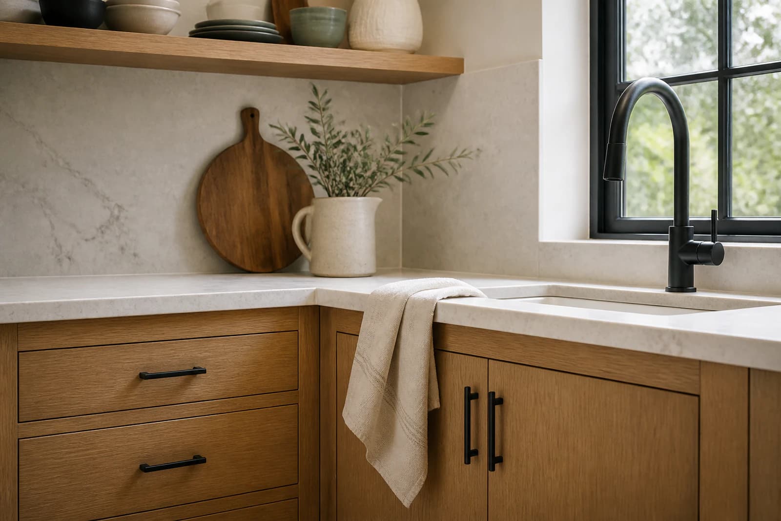 Kitchen material contrast: oak cabinet fronts, pale stone counter and matte black hardware side by side