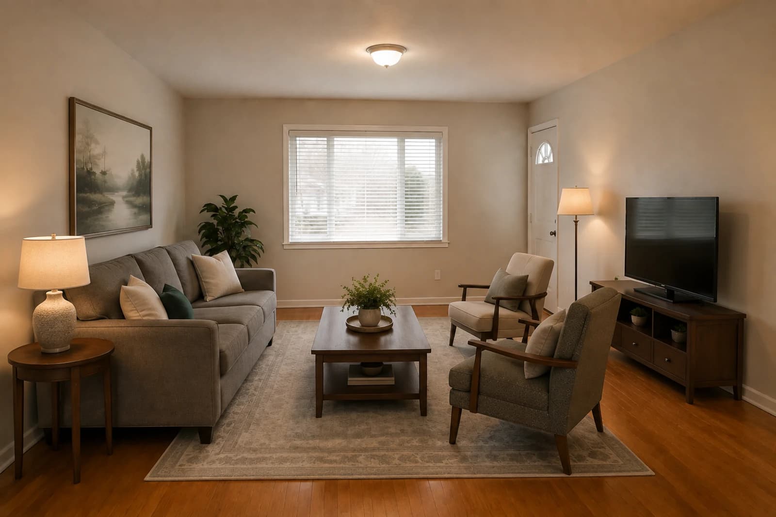 The same living room with the sofa and chairs pulled into a conversation area around a properly sized rug and coffee table