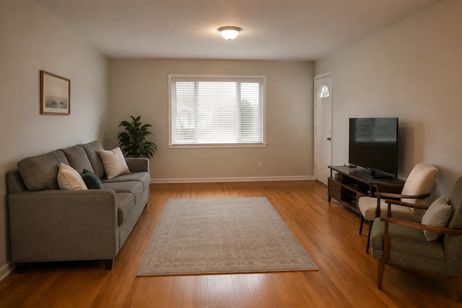 A living room with every piece of furniture pushed against the walls and an empty patch of floor in the middle