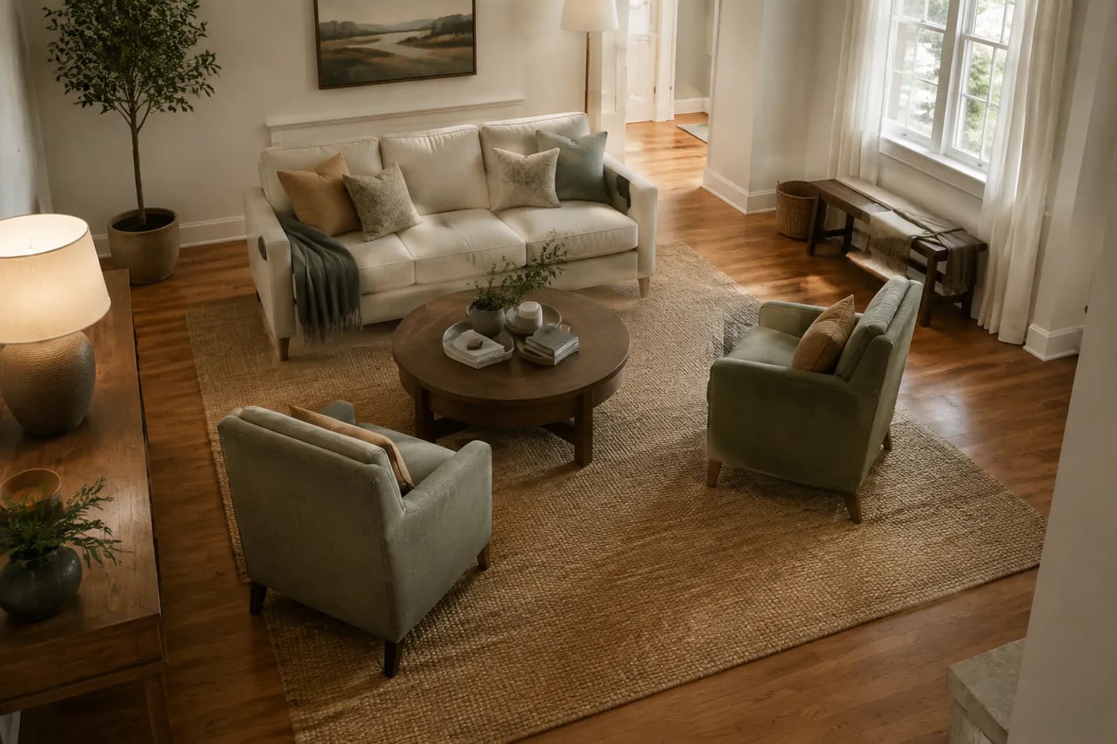 Overhead view of a living room conversation area: a sofa, two chairs, a coffee table and a rug forming a defined zone away from the walls