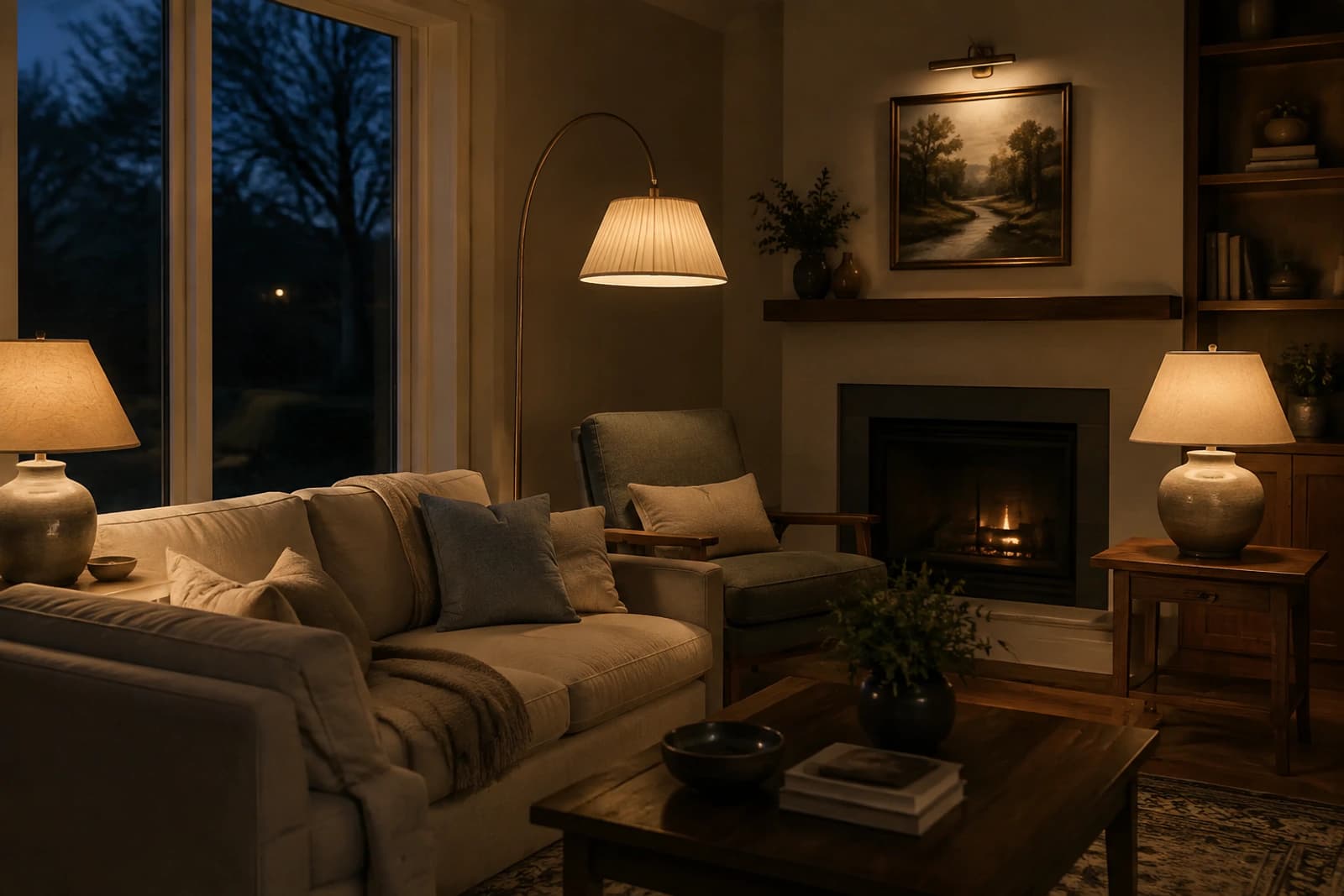 A living room at dusk lit by a floor lamp, two table lamps and a small picture light instead of a single overhead fixture