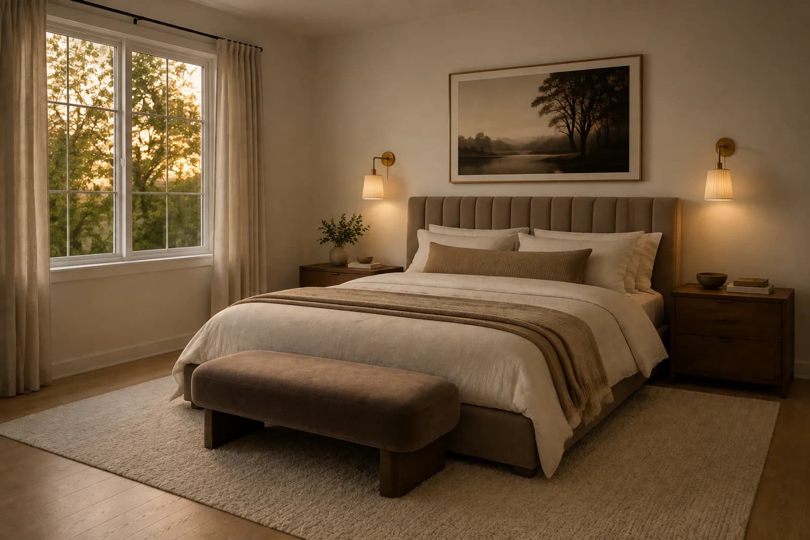 The same bedroom furnished in a luxury style with a tall upholstered headboard, layered bedding, brass sconces and a velvet bench