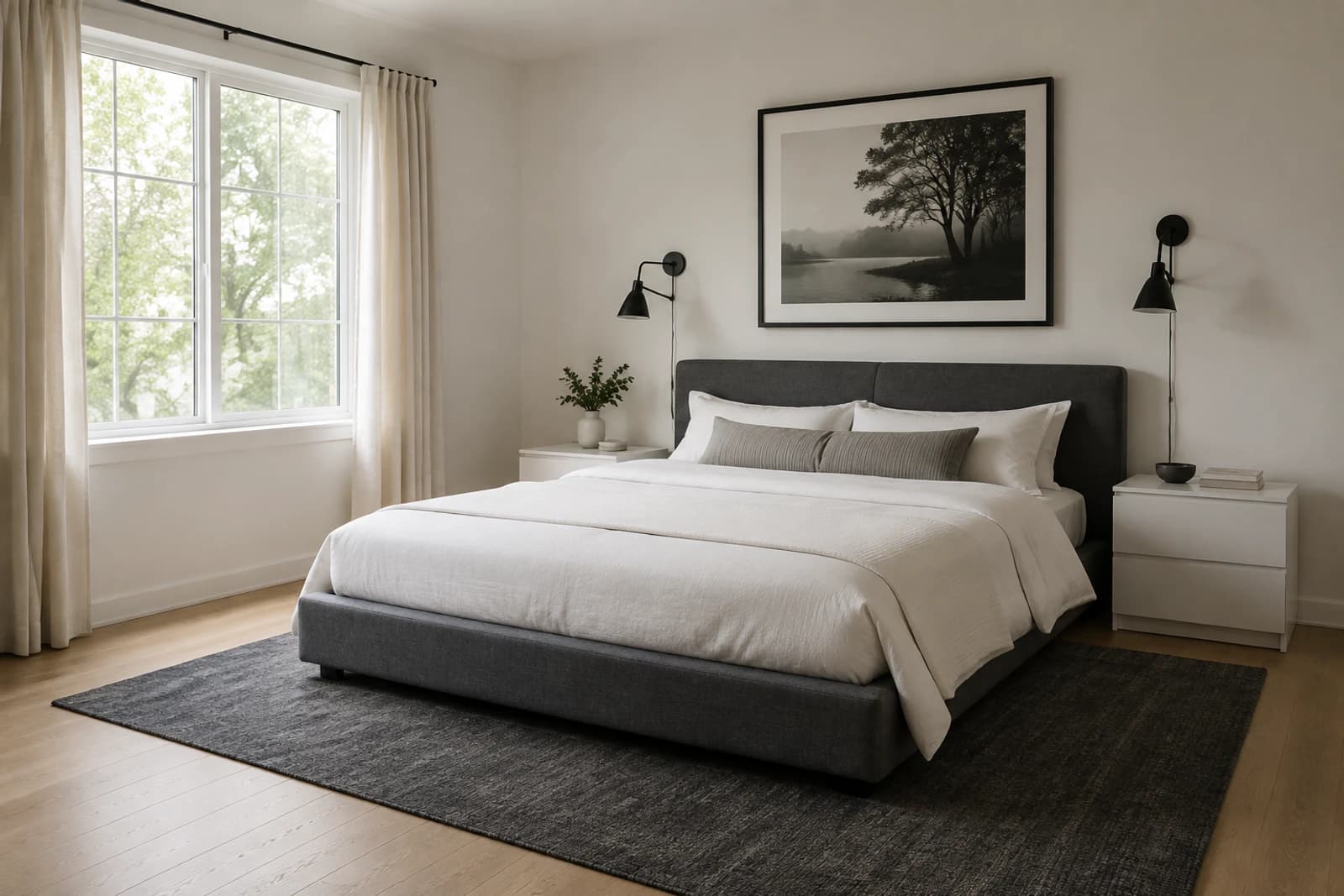 A bedroom furnished in a clean modern style with a low upholstered bed, simple nightstands and a single artwork