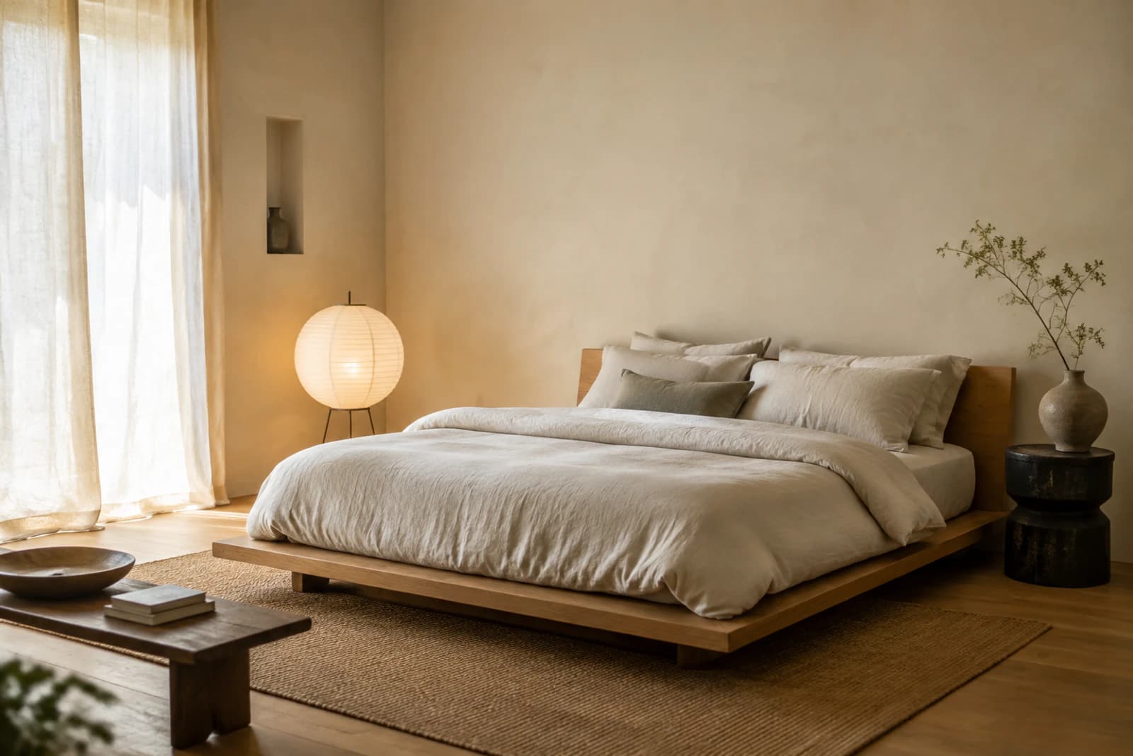 A Japandi bedroom with a low oak platform bed, linen bedding in warm neutrals, a paper lamp and a single branch in a vase