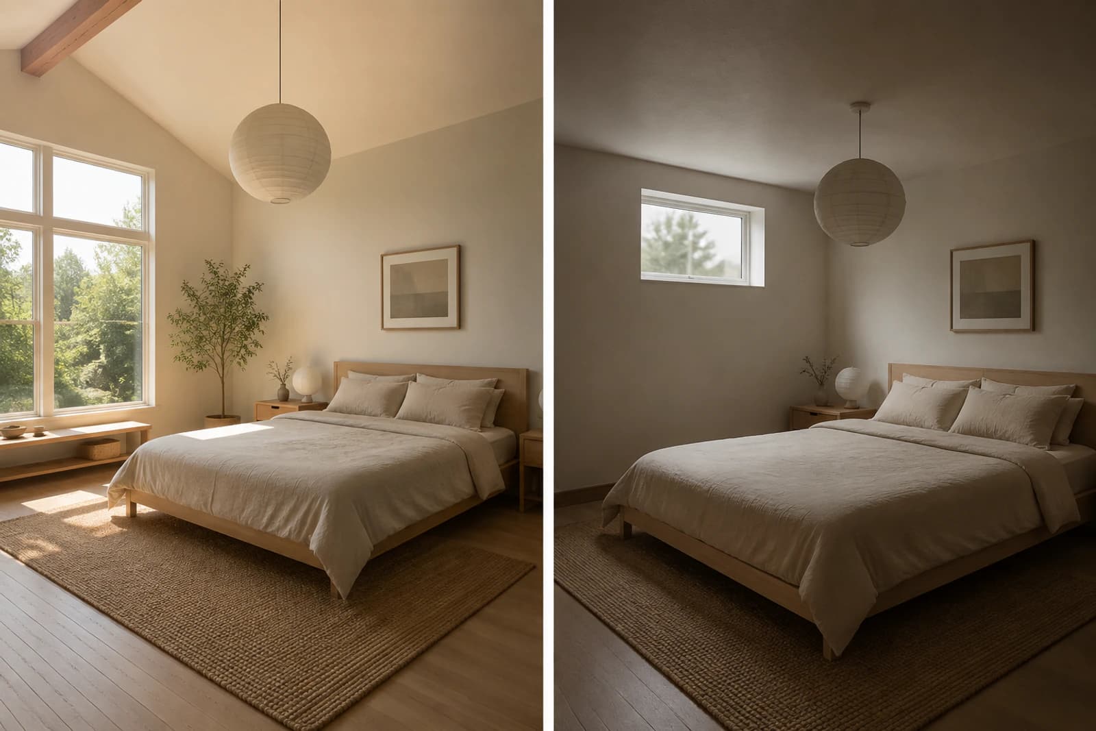 The same Japandi bedroom scheme in a bright high-ceilinged room and in a small dim north-facing room