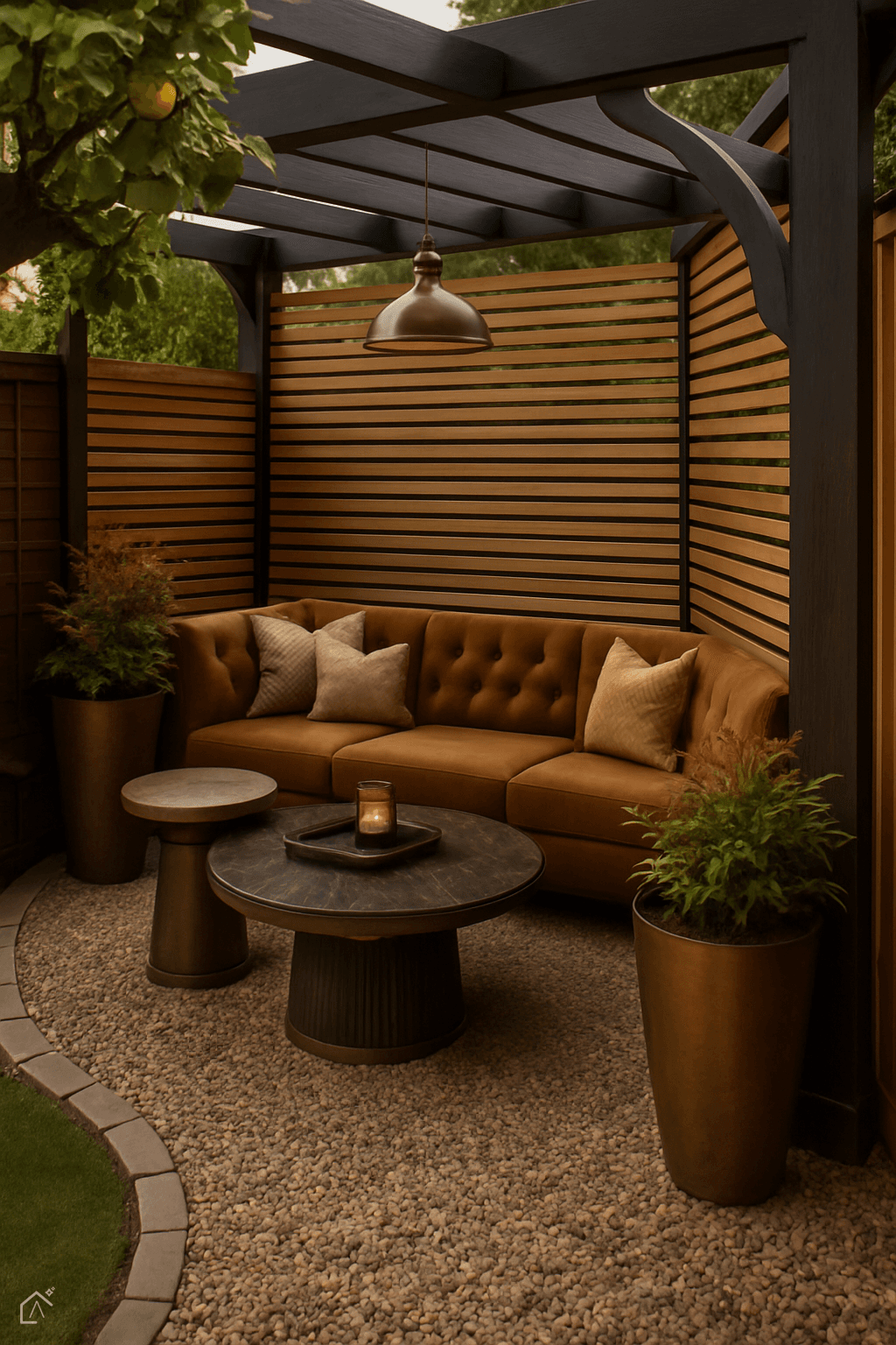 AI-generated warm pergola lounge designed in the Clavis app
