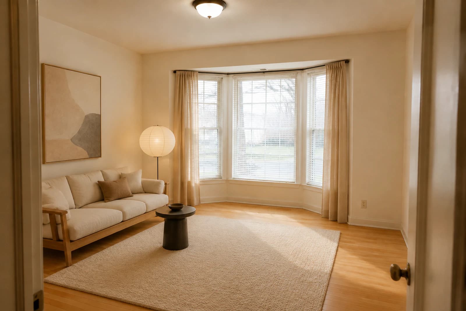 The same living room furnished in a Japandi style with a low oak sofa, paper floor lamp, wool rug and a single large artwork