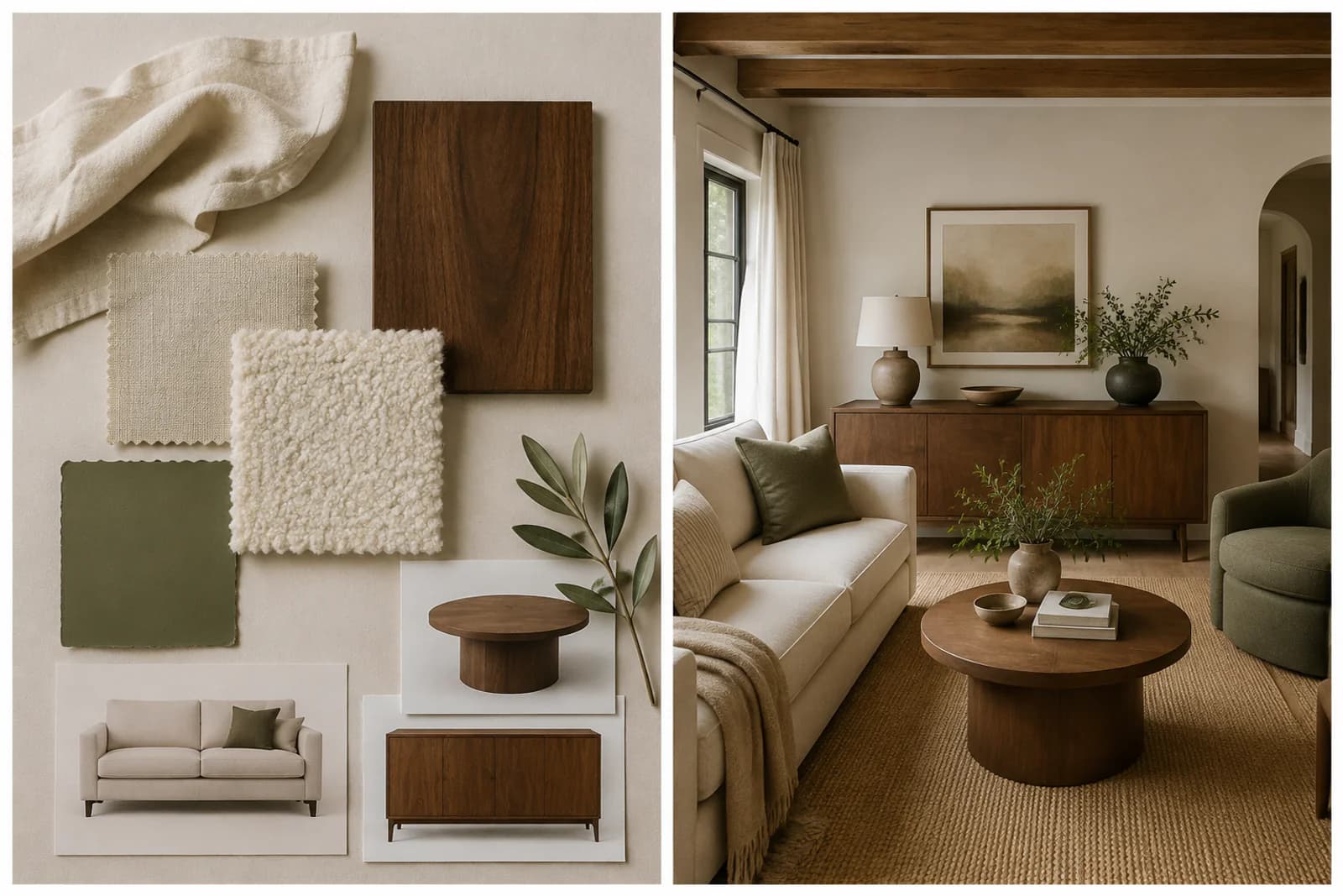 A flat-lay moodboard of fabric swatches and furniture cutouts next to a photorealistic render of a real living room in that palette