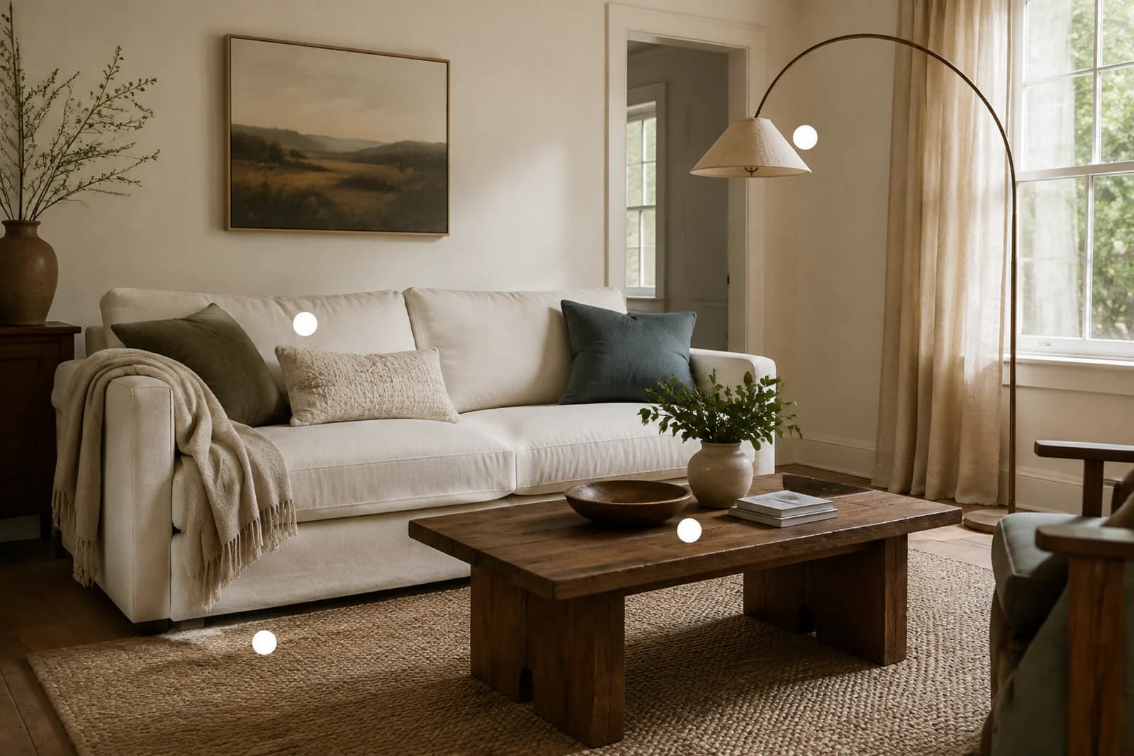 A photorealistic living room render with small price tags floating over the sofa, rug, lamp and coffee table