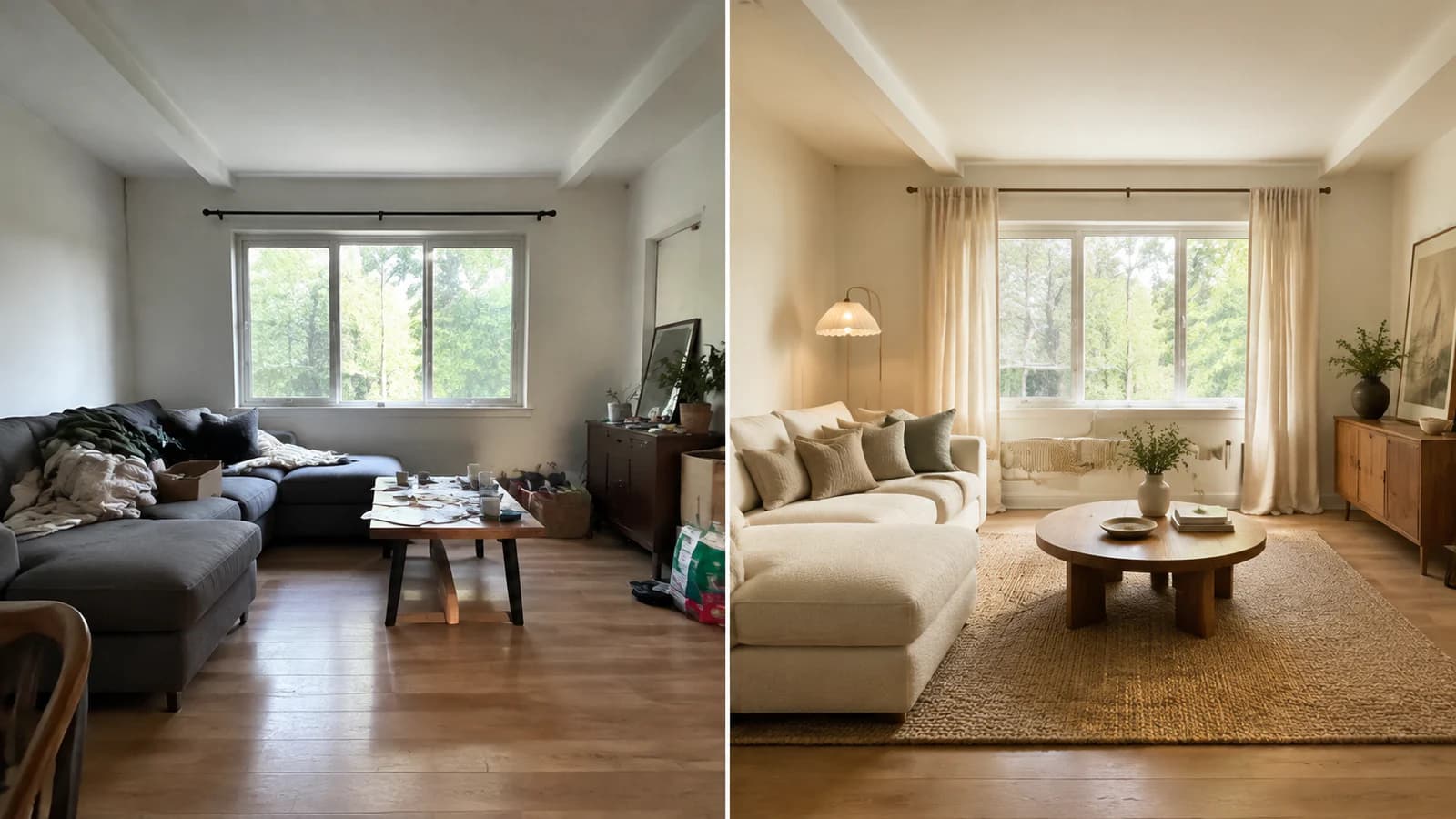 A phone photo of an ordinary living room beside a photorealistic AI redesign of the same room, with the same windows and floor