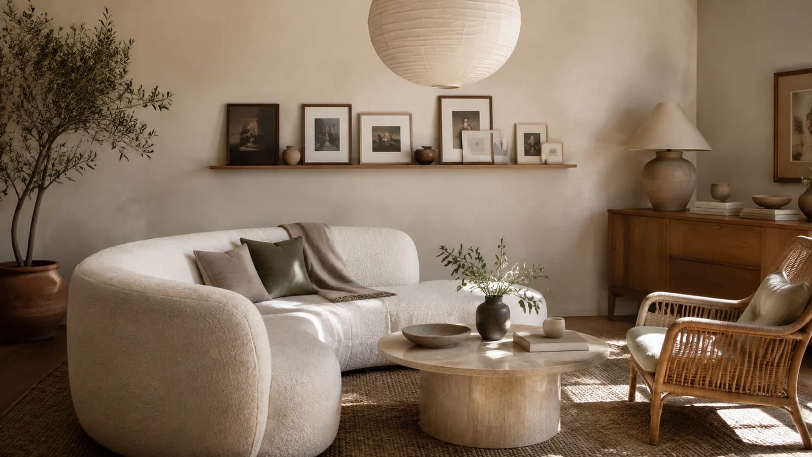 A 2026 living room with warm white walls, a curved boucle sofa, oak and travertine, a sculptural pendant and personal art
