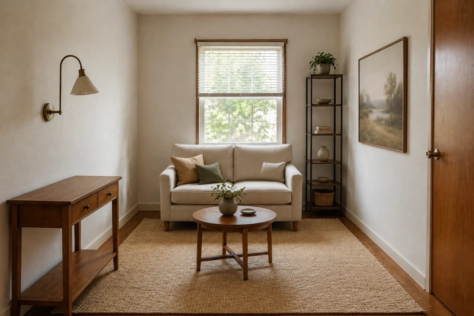 The same small living room with one properly scaled sofa, a single round coffee table, a large rug and a tall shelf