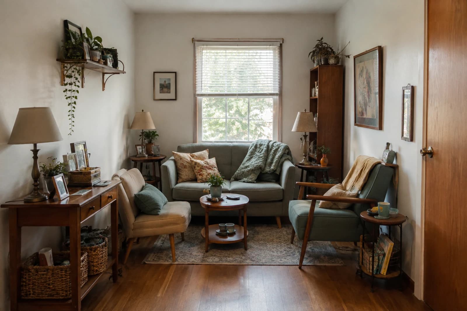 A small living room crammed with several undersized pieces: two small chairs, a loveseat, two side tables and a tiny rug