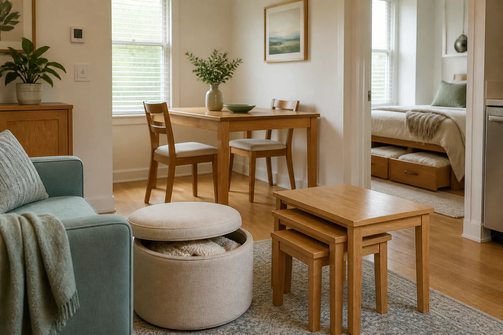 Small-space furniture that does two jobs: a storage ottoman, nesting tables, a bed with drawers and an extendable dining table