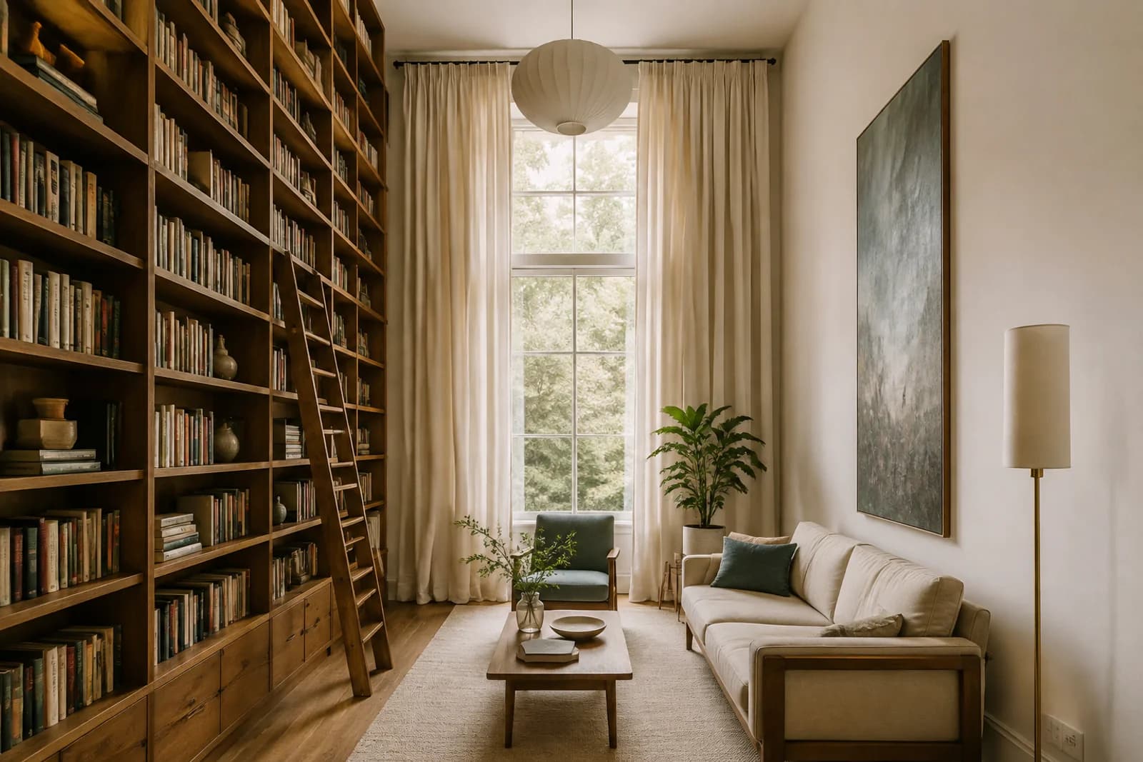 A small room using vertical space: tall bookshelves, a vertical artwork and curtains hung from the ceiling