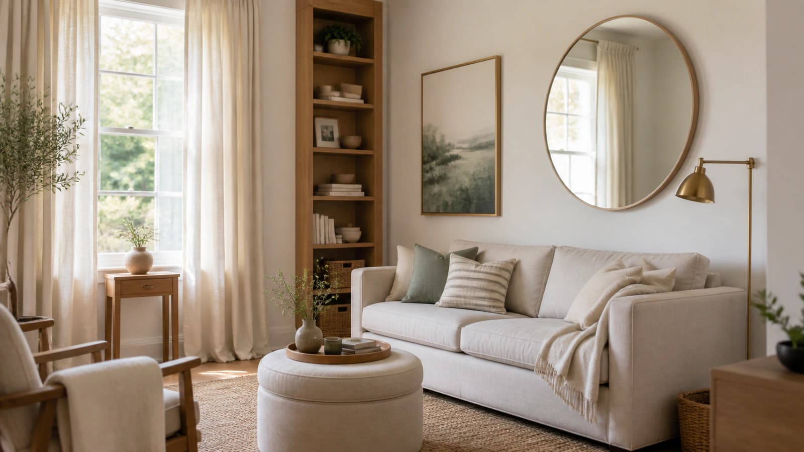 A small but airy living room with one properly scaled sofa, a storage ottoman, tall shelving, floor-to-ceiling curtains and a large mirror