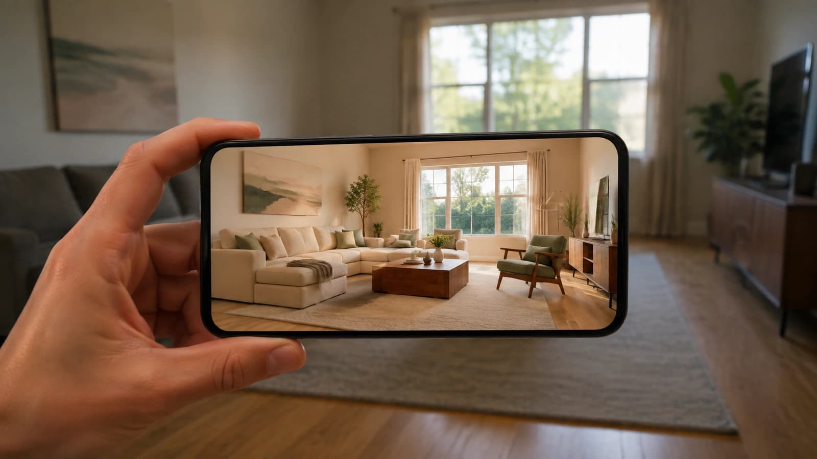 A phone showing a photorealistic redesign of the living room it is being held in, with the real room visible behind it