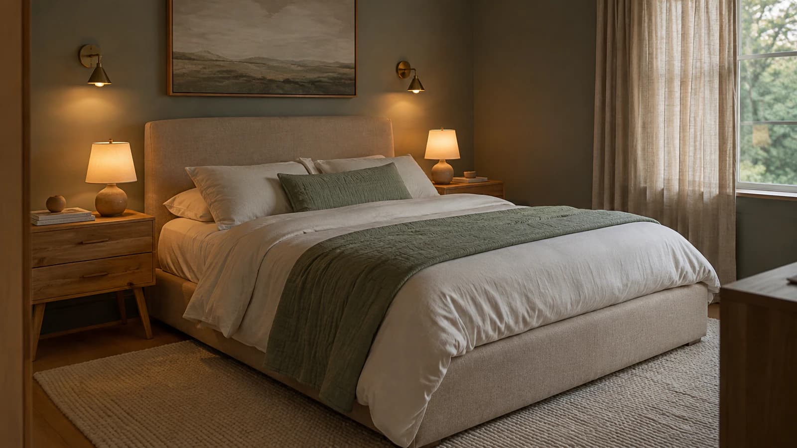 A calm bedroom with an upholstered bed, layered linen bedding, two wall sconces, a wool rug and a single artwork above the headboard