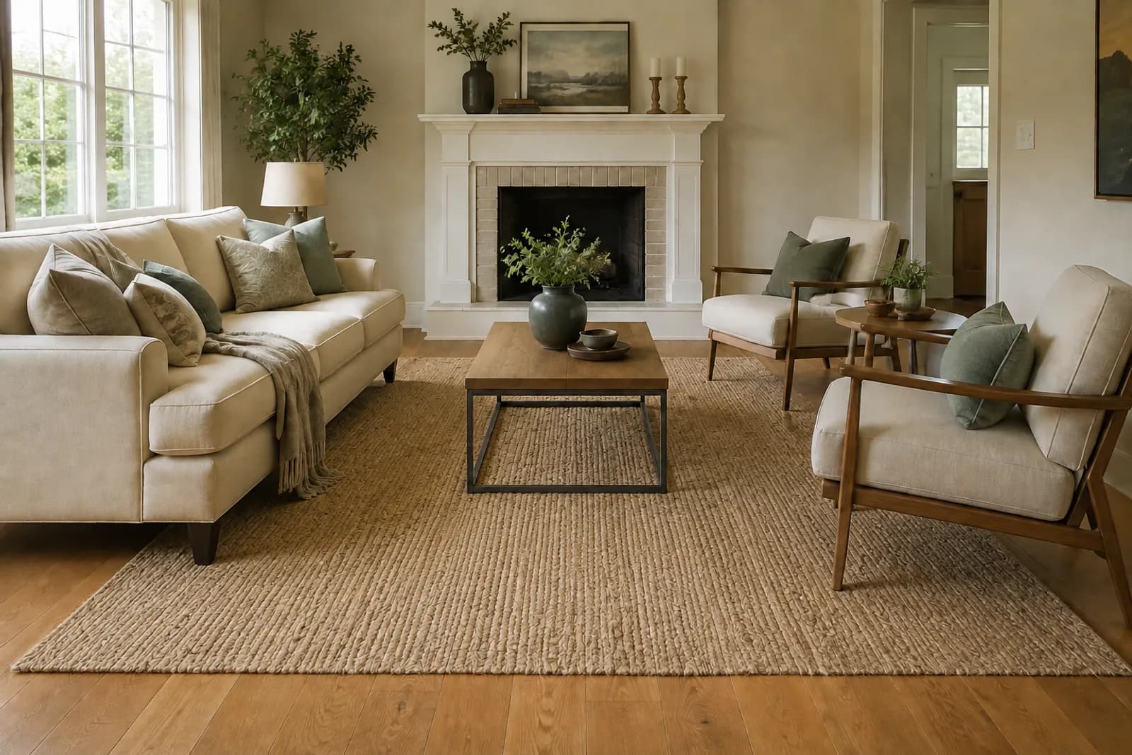 The same living room with a large rug that runs under the front legs of the sofa and both chairs