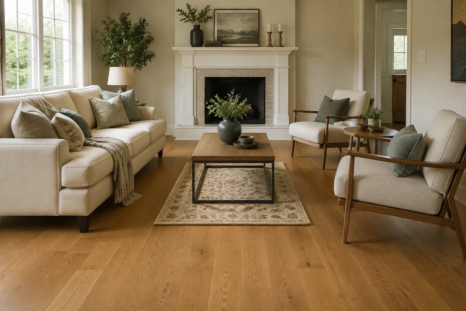 A living room with a small rug floating under only the coffee table, the sofa and chairs sitting off it