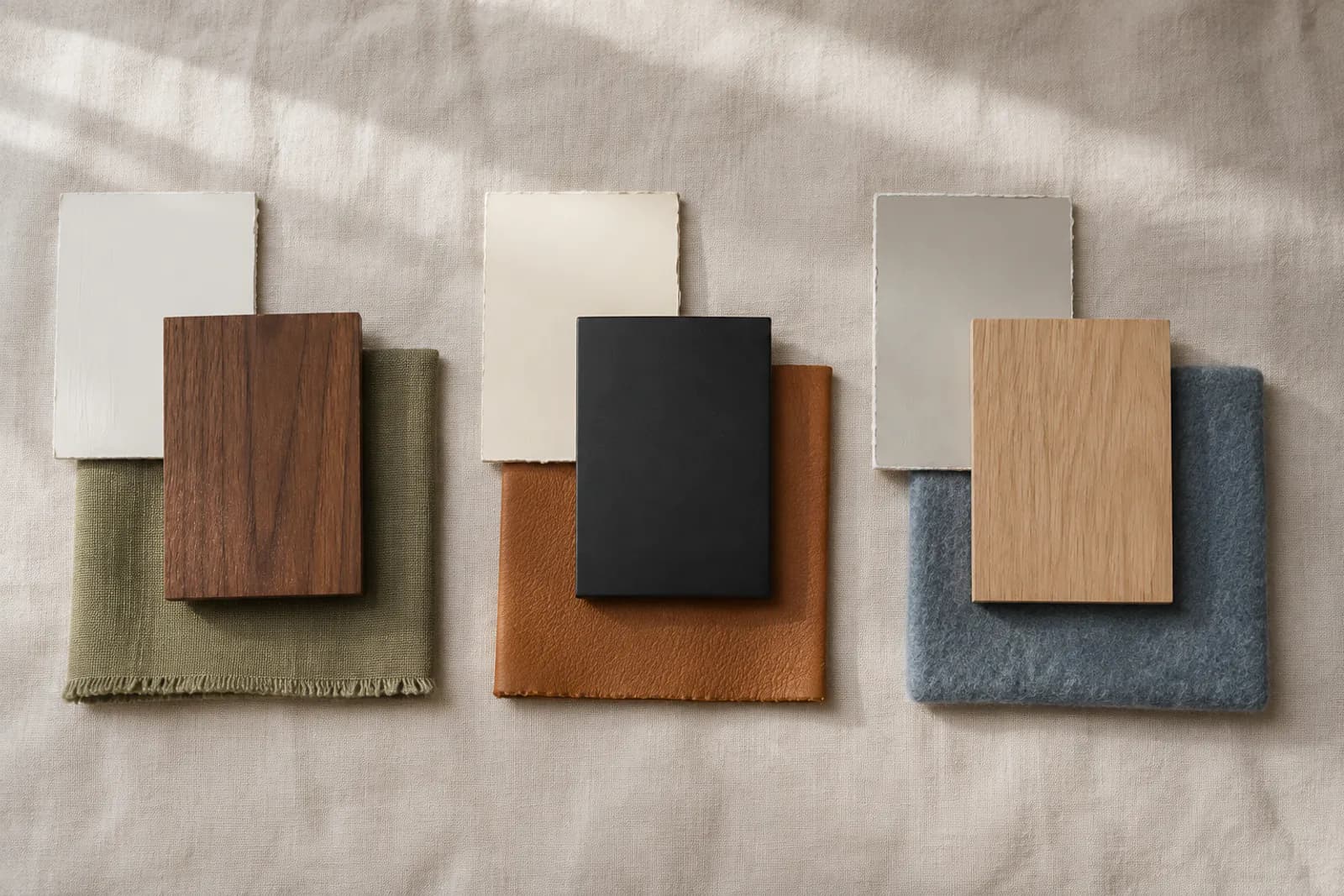 Three material palettes laid out on a table: warm white with walnut and olive, cream with black and caramel, soft gray with oak and dusty blue
