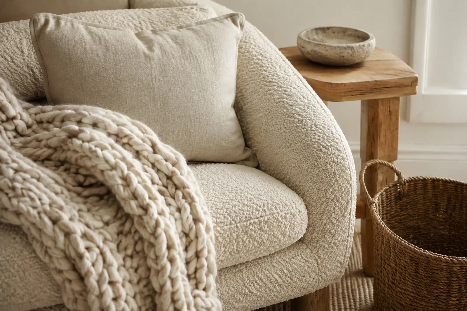 A close-up of a neutral seating corner layering linen, boucle, wool, oak and stone textures