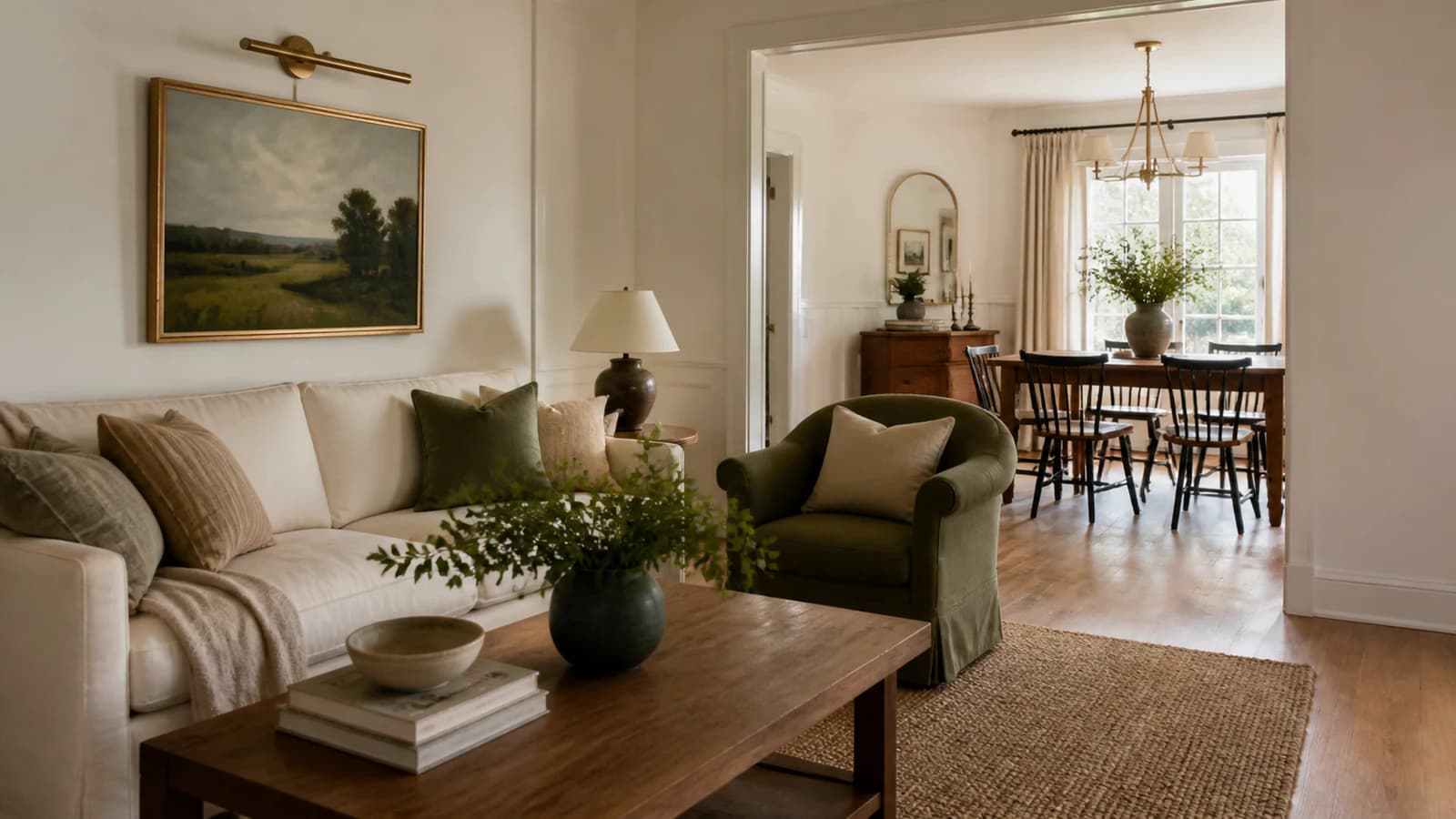 An open-plan home where a warm white, walnut and olive green palette runs from the living room into the dining area
