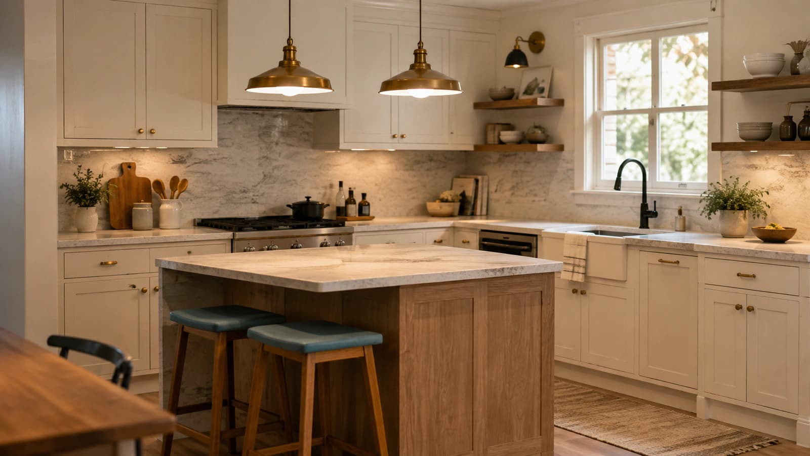 A warm modern kitchen with cream cabinets, a wood island, stone counters, brass pendants and under-cabinet lighting
