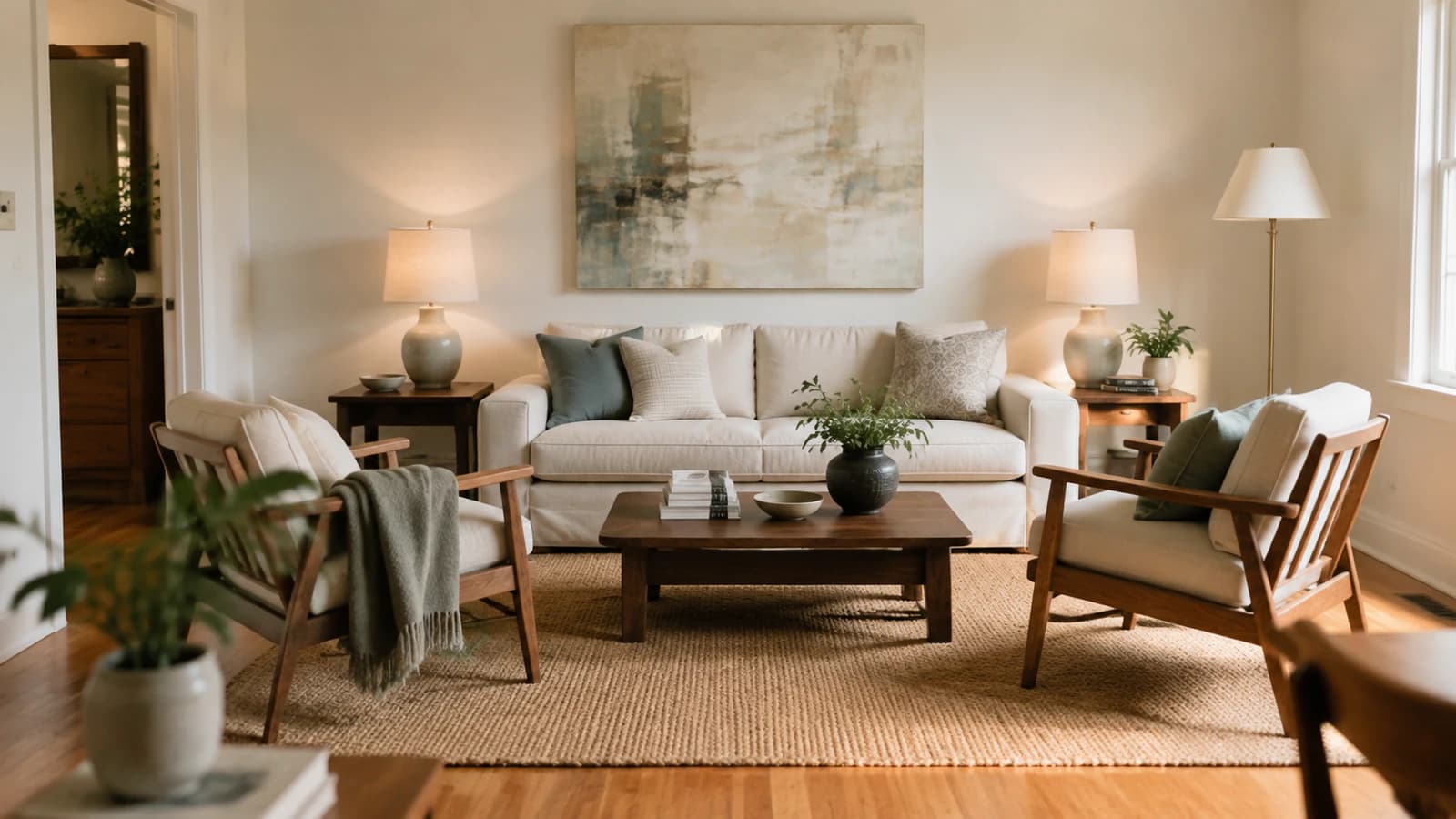 A warm modern living room with a cream sofa floating away from the wall, two accent chairs, a large woven rug and layered lamps