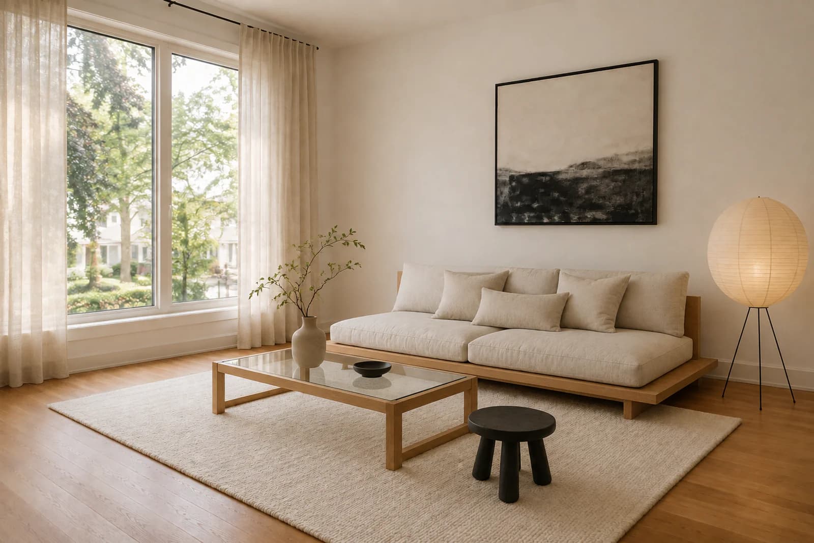The same living room furnished in Japandi style with a low oak sofa, paper lamp, wool rug and a ceramic vase