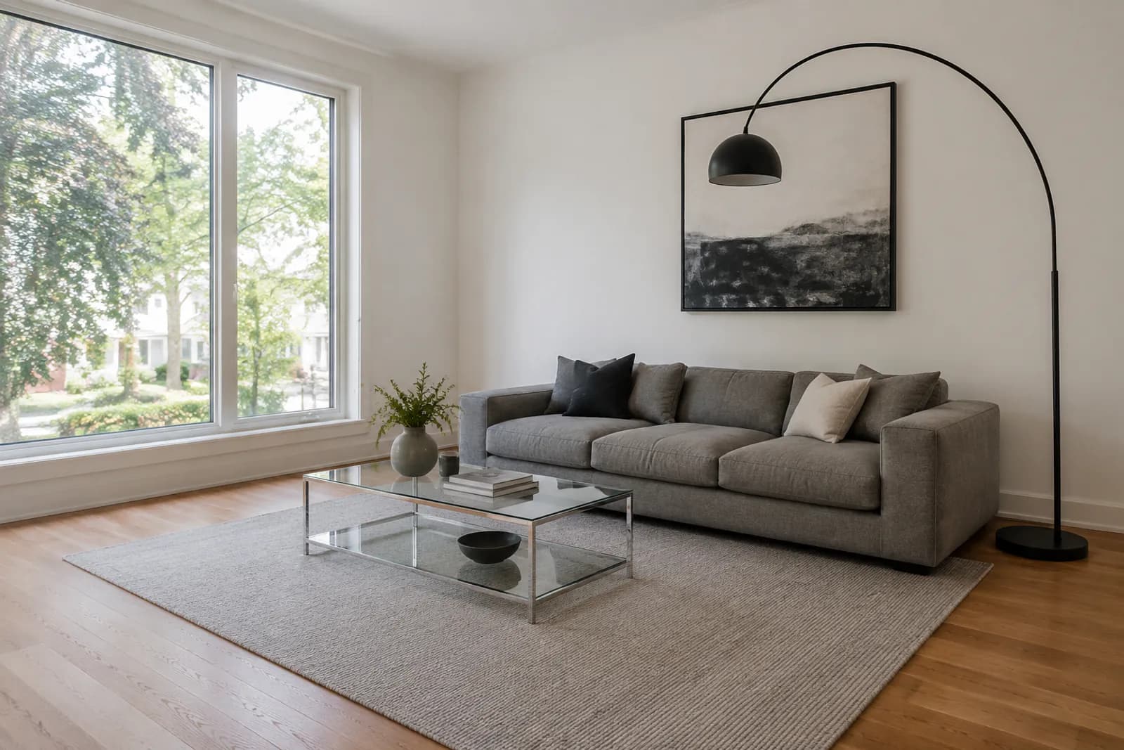 A living room furnished in a clean modern style with a gray sofa, glass coffee table and black metal lamp