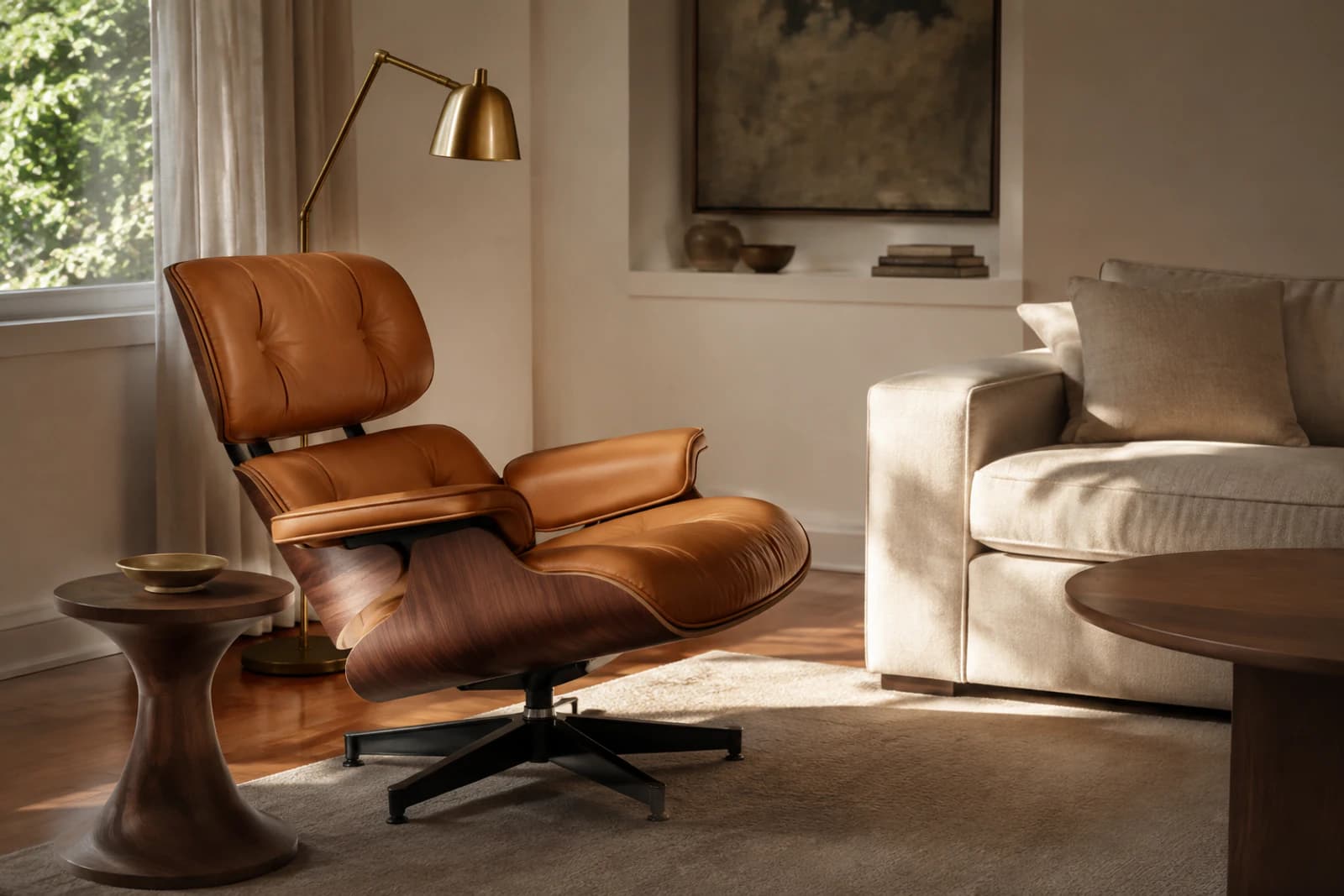 A single mid-century modern lounge chair in tan leather and walnut carrying the reference in an otherwise simple room