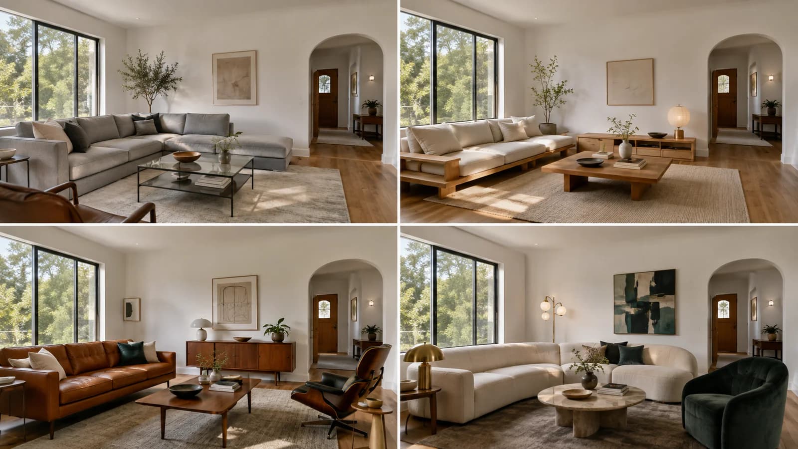 One living room shown in four styles side by side: modern, Japandi, mid-century modern and contemporary