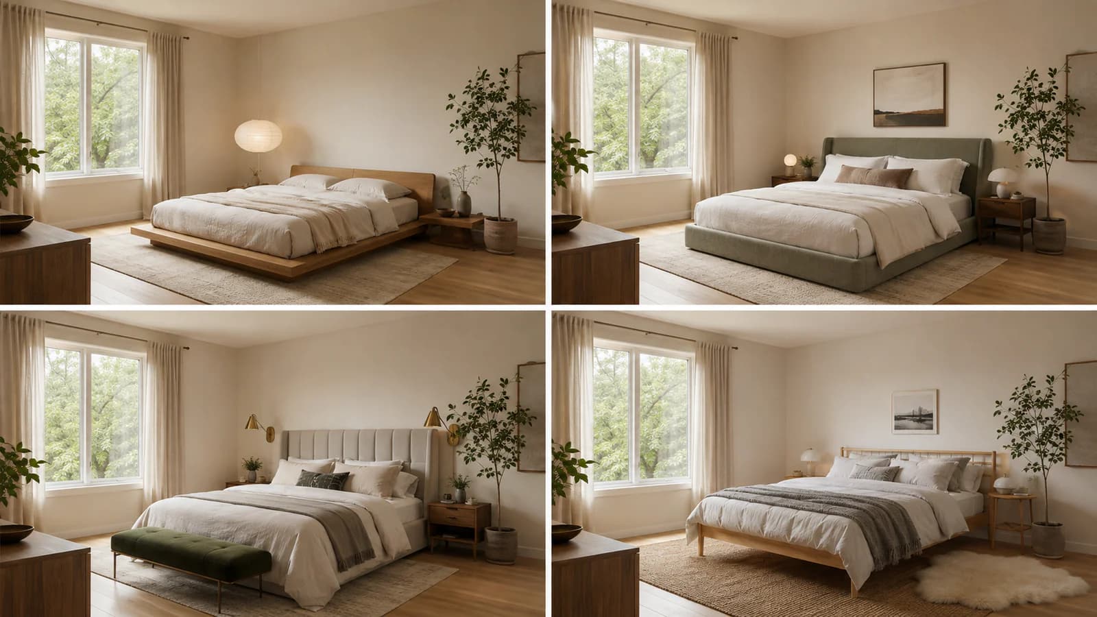 Four bedroom styles side by side in the same room: Japandi, modern, luxury and Scandinavian