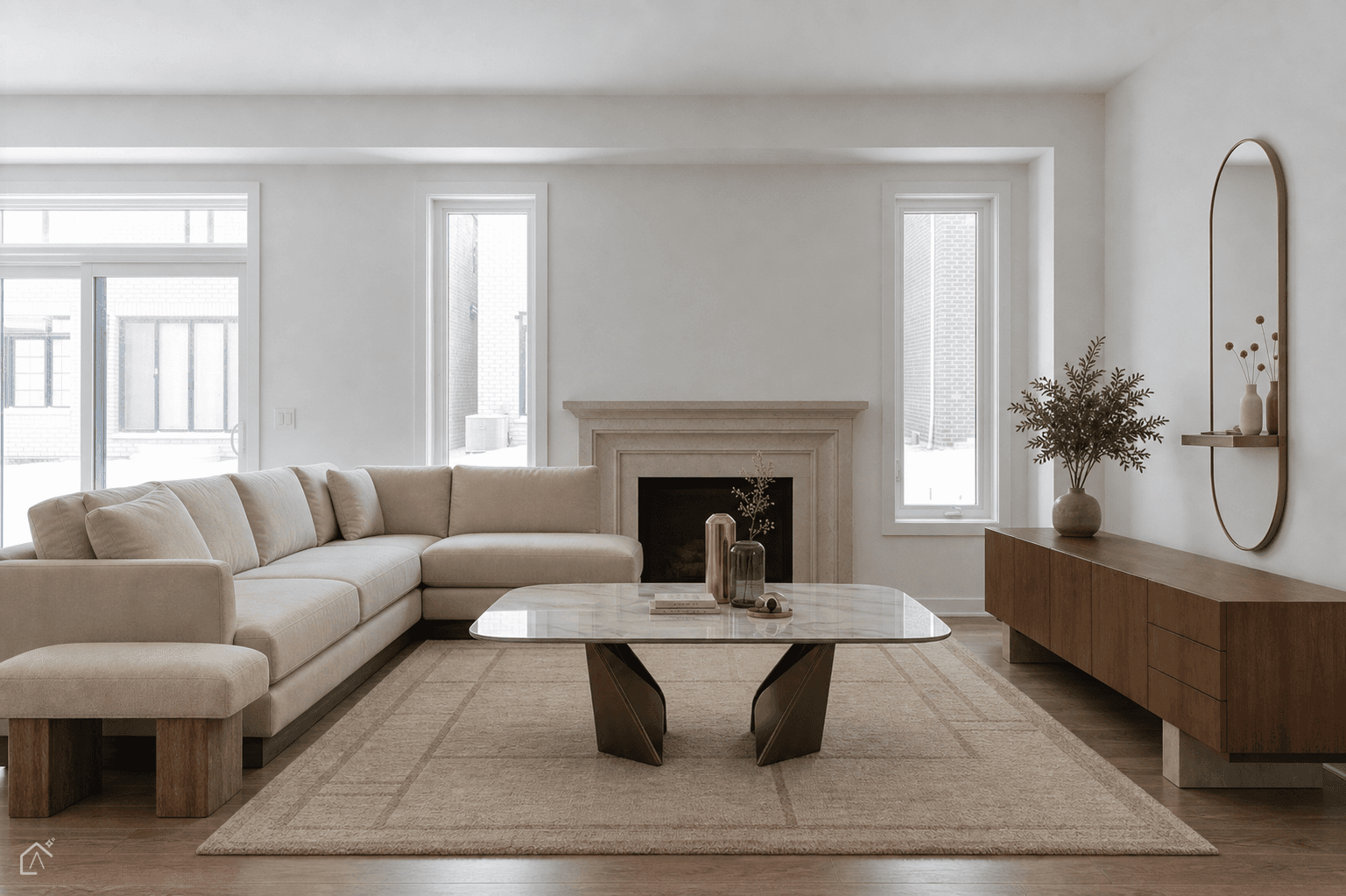 The same living room furnished with a cream sectional, a marble coffee table, a woven rug and a walnut console
