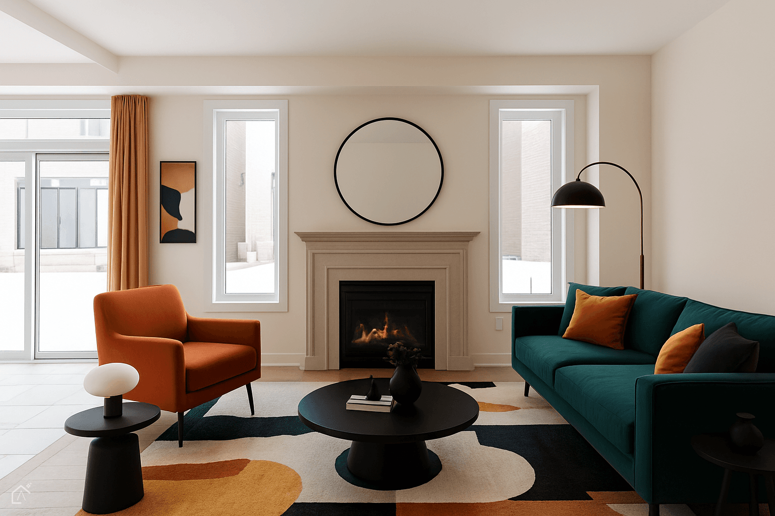 The same living room furnished with a cream sectional, a marble coffee table, a woven rug and a walnut console